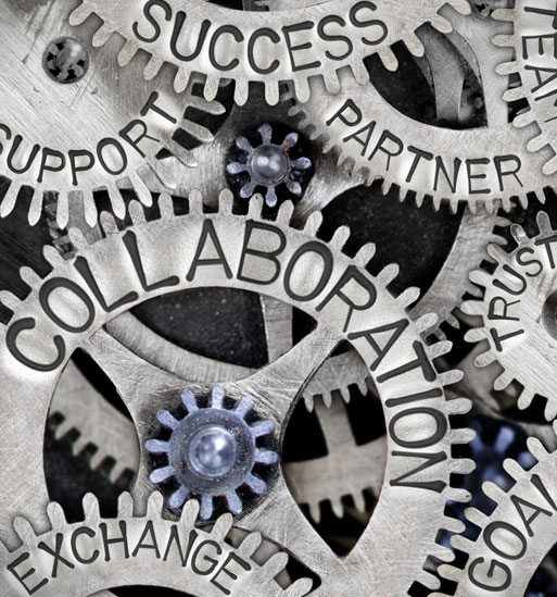 Gears are labeled with, "Success, partner, support, trust, goal, exchange, team, and collaboration."